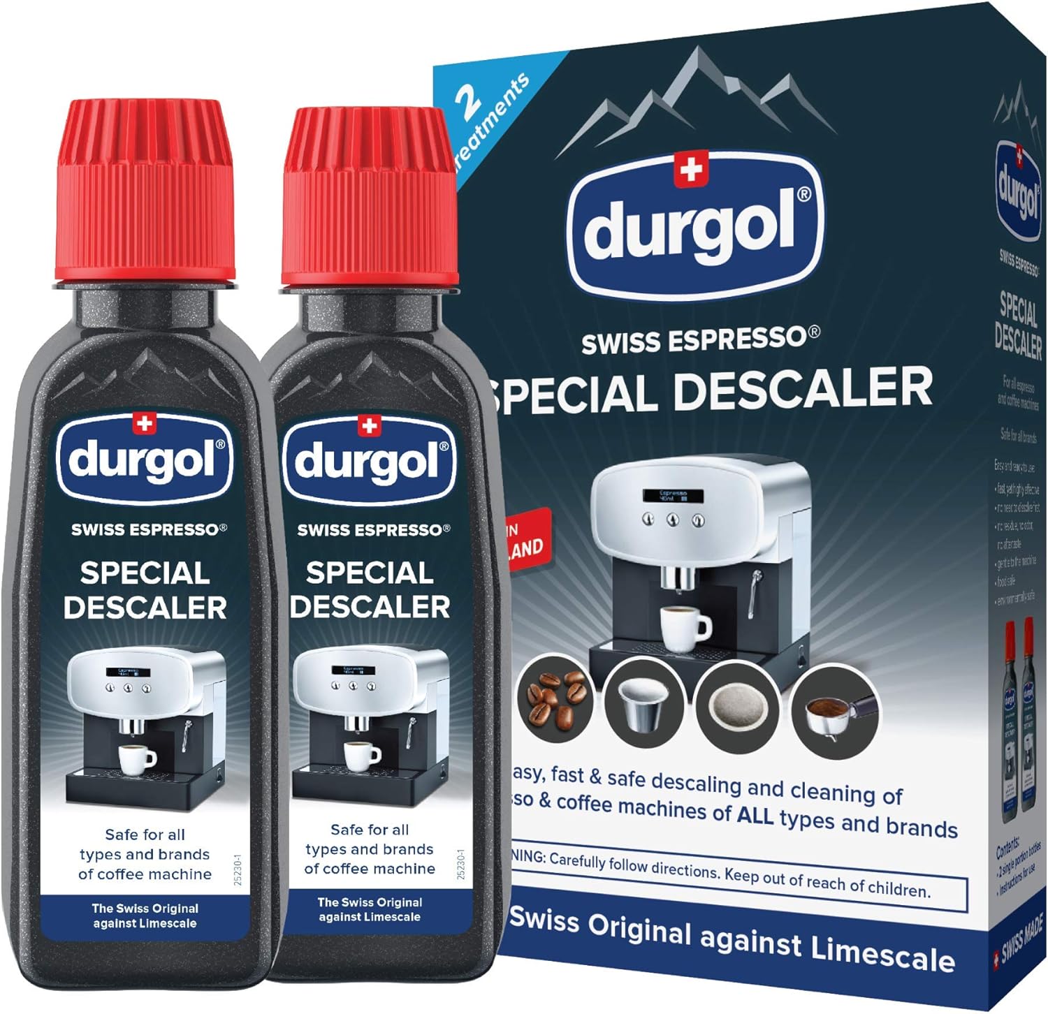 durgol swiss espresso Spezial-Entkalker – Kalkentferner für Kaffeemaschinen aller Typen und Arten – Einfache Reinigung ohne Einwirkzeit & Rückstände – Deutsche Version – 2x125ml