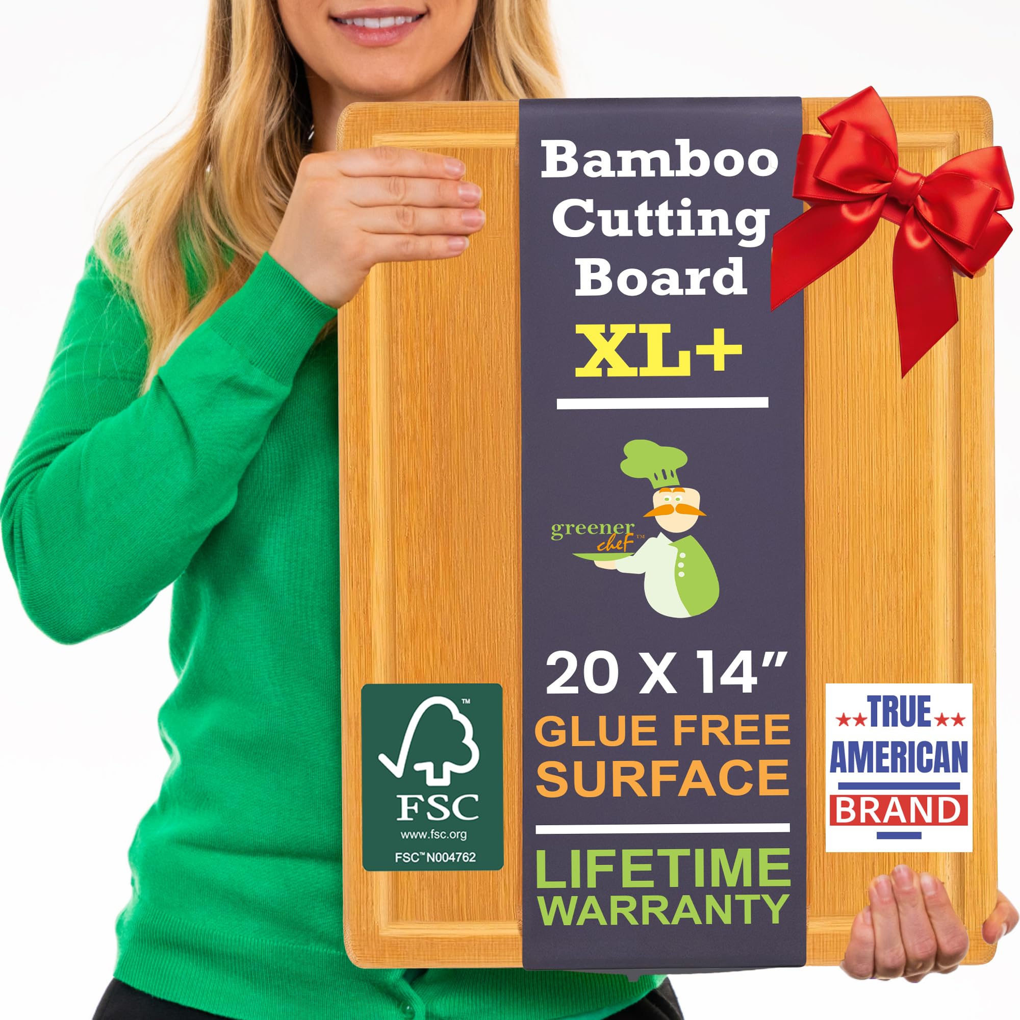 20 Inch Bamboo Wood Cutting Board Featuring Super-Sized Glue-Free Surface™ – Heavy Duty Butcher Block for Safe Meal Prep, Chopping & Carving with Lifetime Replacements - Rectangle Image