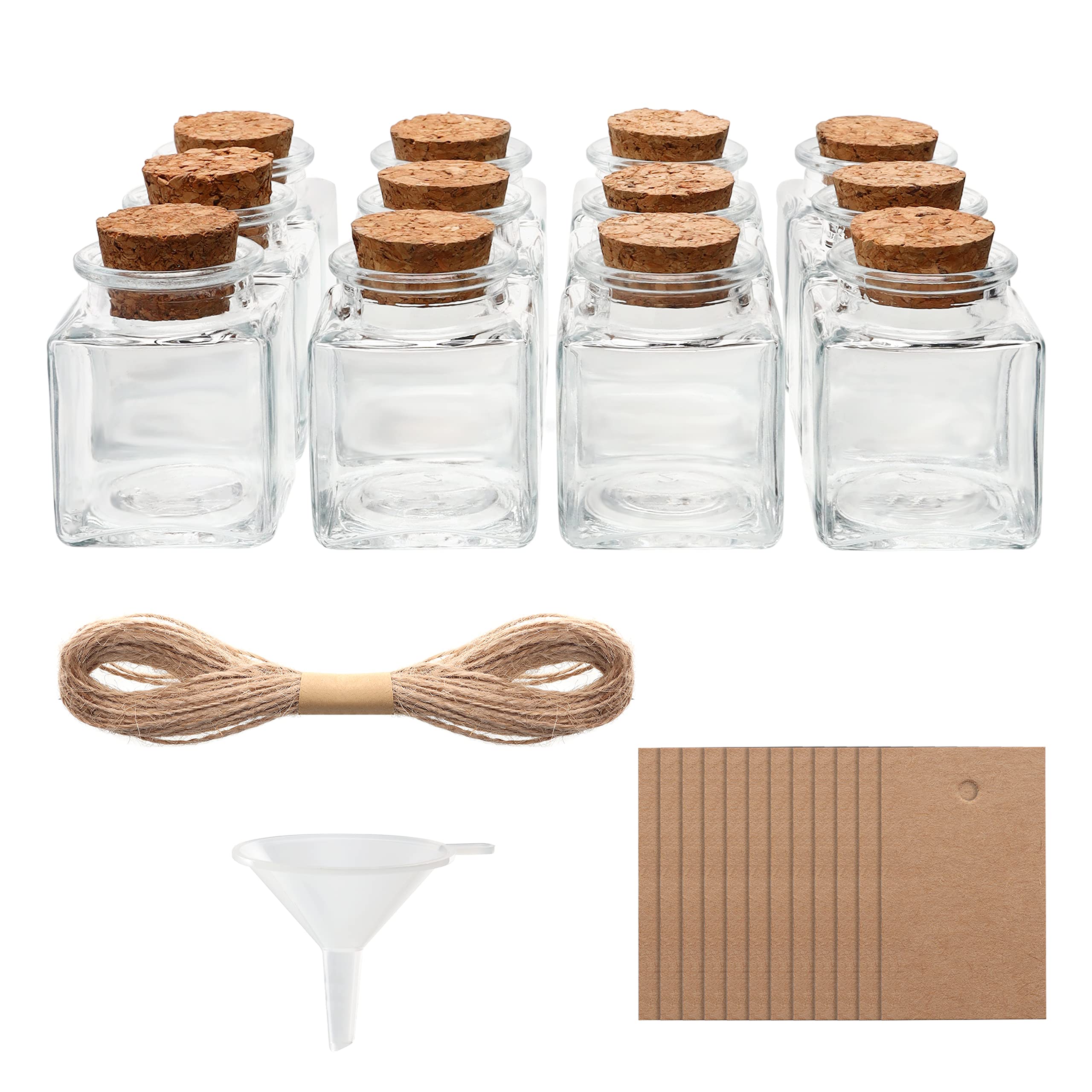BELLE VOUS 12 Pack of Glass Craft Bottles with Cork Stopper Lids, Twine & Tags - 50ml Miniature Jars - Glass Bottles for Wedding/Party Favours, Wishing & Decorative DIY Arts/Crafts