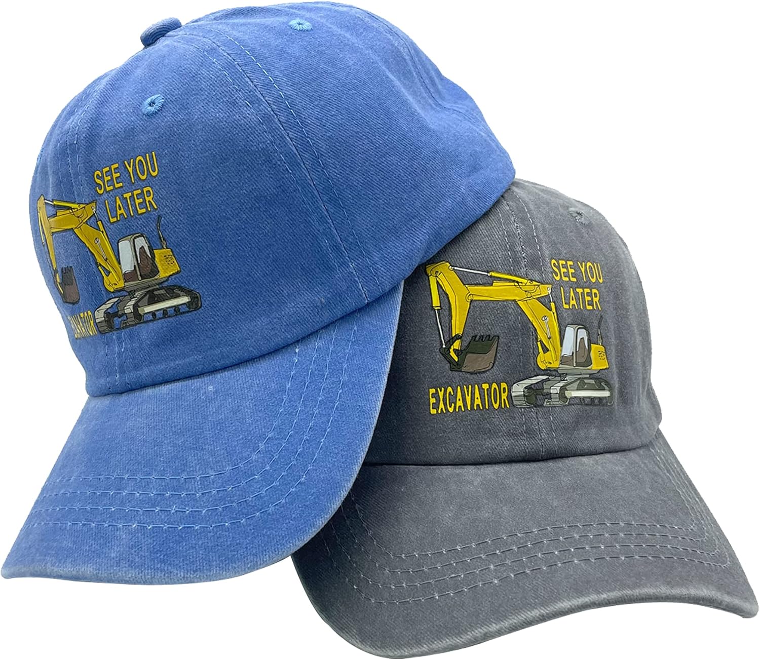 NVJUI JUFOPL Boys See You Later Excavator Baseball Cap, Washed Vintage Dad Hat for Kids 2 Pack Gray/Blue: Clothing