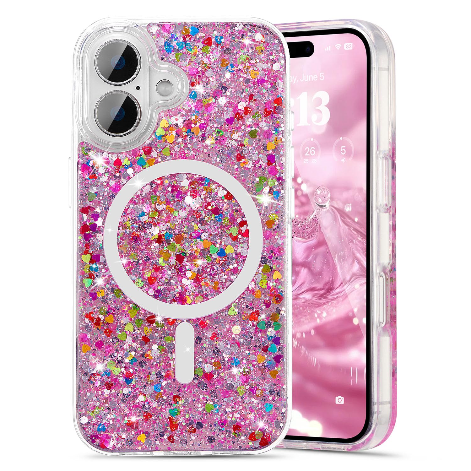 UEEBAI Glitter Case Magnetic for iPhone 16 Case, Luxury Shiny Bling Sparkly Phone Cover Compatible with MagSafe, Wireless Charge Crystal Diamonds Shiny Cover for Women - Hot Pink