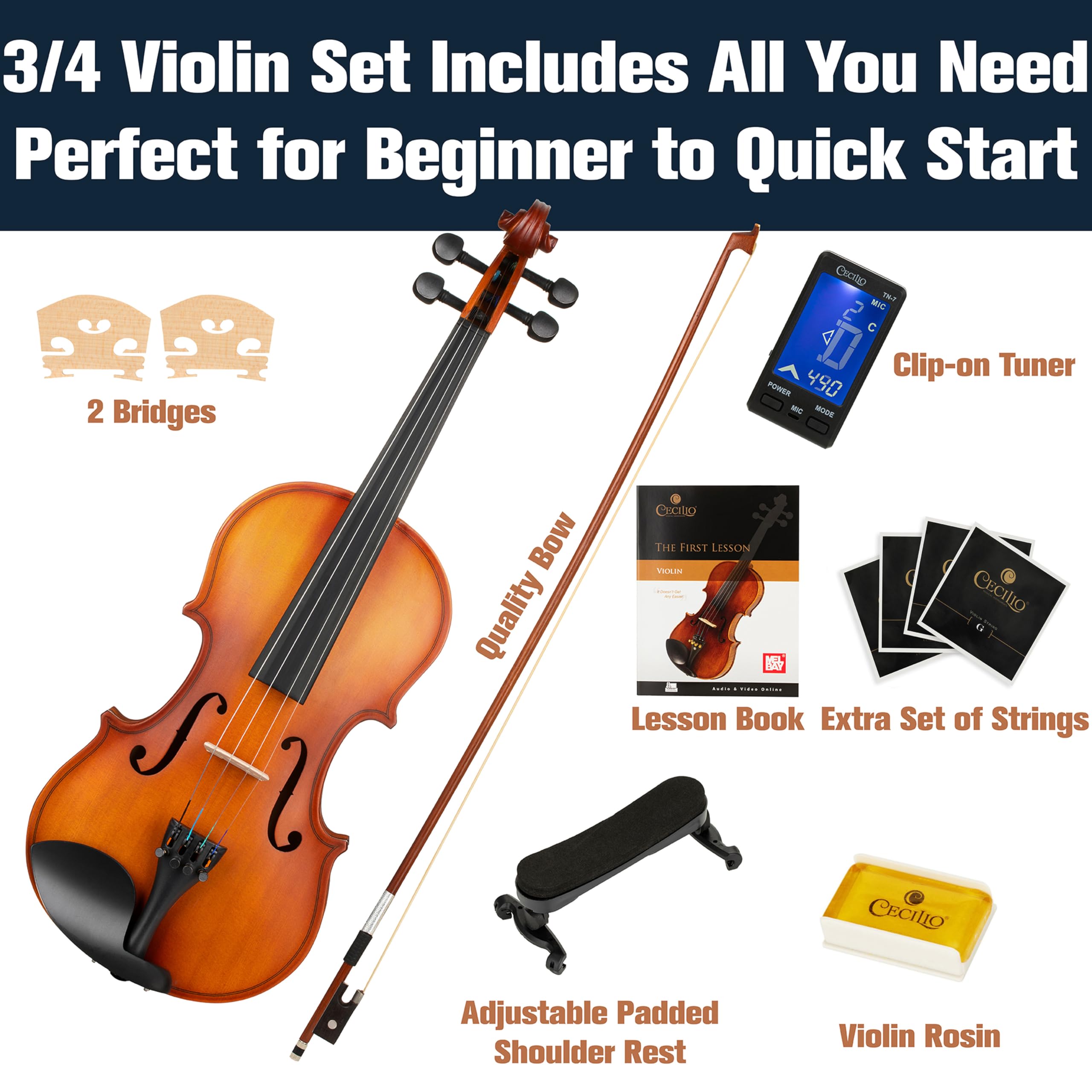 Mendini By Cecilio 3/4 Violin Set For Beginners - Fiddle Solidwood Kit with Hard Case - Acoustic Violin with Bow, Rosin, Tuner, Extra Strings & Bridge, Shoulder Rest and Lesson Book (Satin Antique)