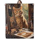 Lugiu Artist Cat Blanket, Lightweight Comfy Charming Orange Kitten Blankets for Couch Sofa Bedroom, Soft Plush Travel Flannel Throw Blanket Gifts for Women Adults Kids, Home Decor 60×50in