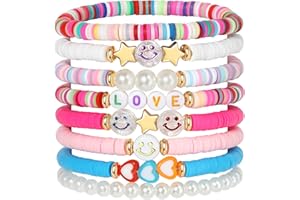 YALASOBA Preppy Bracelets Set Colorful White Gold Smile Heart Star Polymer Beaded Pearl Clay Stackable Charm Y2K Kidcore Aesthetic Summer Beach Bohemian Stretch Layering Bracelets Jewelry for Girls Women Teens