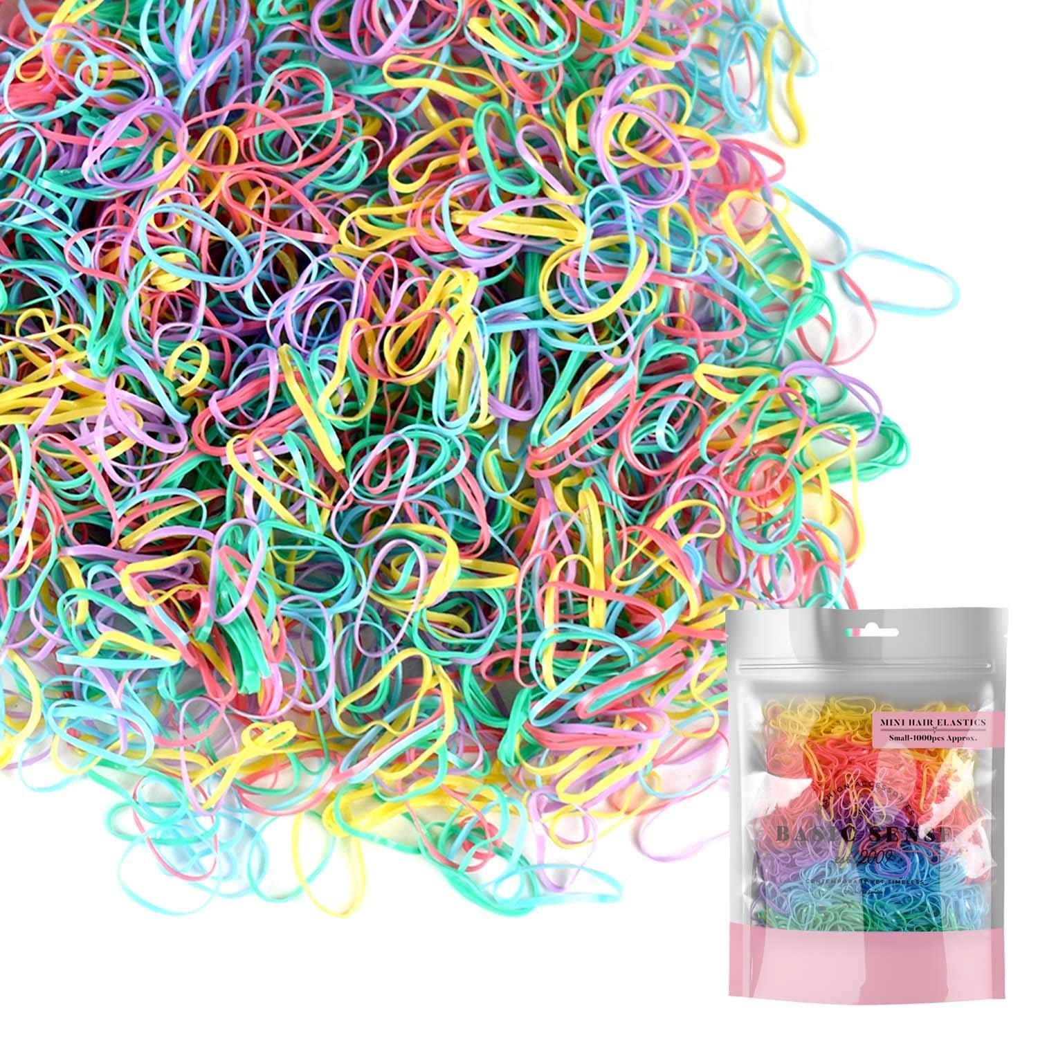 Basic Sense Hair Rubber Elastics for Kids, Stretchy Braiding Bands for Girls, Small, 1000 PCS, Pastel Assort
