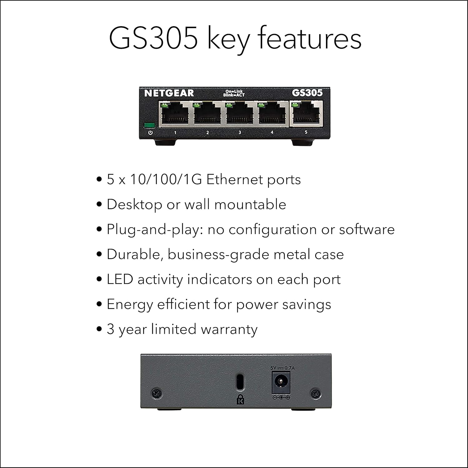 NETGEAR 5-Port Gigabit Ethernet Unmanaged Switch (GS305) - Home Network Hub, Office Ethernet Splitter, Plug-and-Play, Fanless Metal Housing, Desktop or Wall Mount: Computers & Accessories