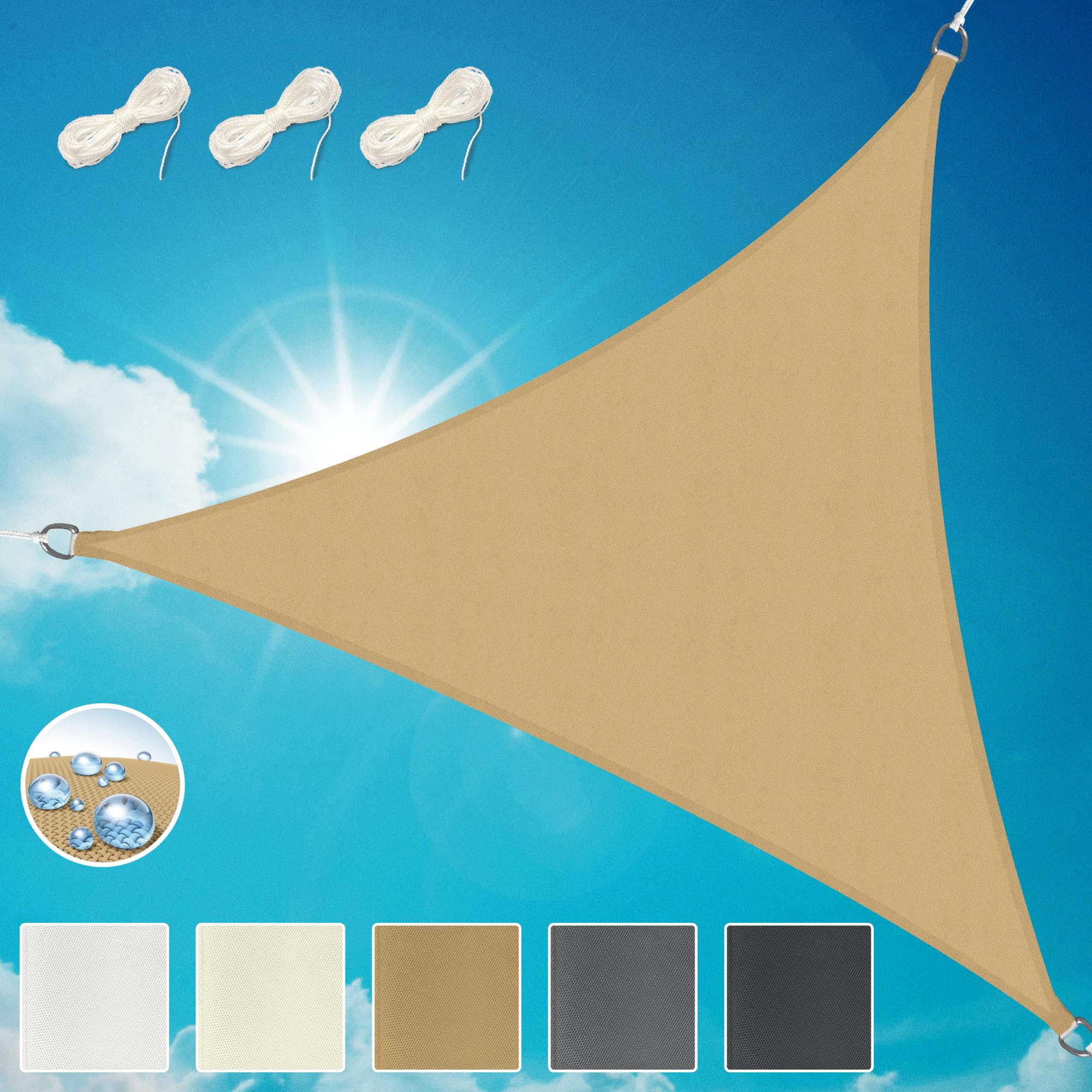 Sol Royal Triangle Sun Shade Sail 3x3x3 m PES Breathable & UV-light resistant Sun Shades for Garden Sail Canopy Waterproof Terrace Balcony & Pool - 300x300x300 cm Sand - SolVision PS9