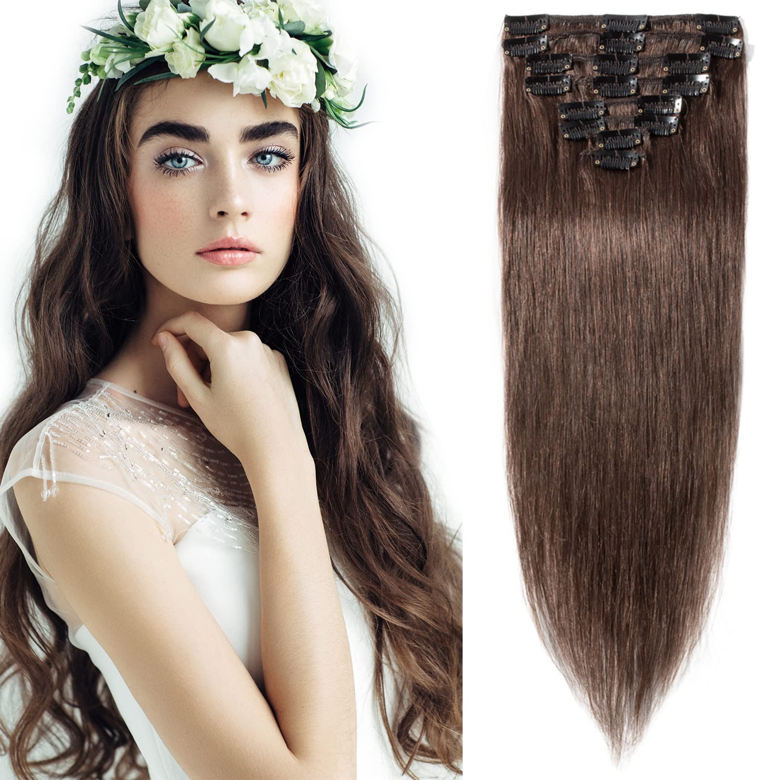 Elailite Hair Extensions Real Human Hair Clip in 8 Pcs Invisible Thin Weft - 100% Remy Hair Straight (#4 Medium Brown, 12 Inch, 55g)