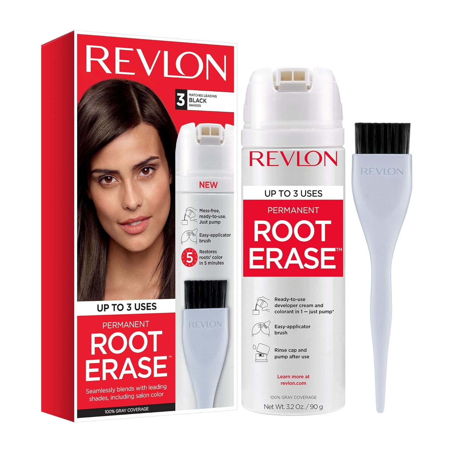 Revlon Root Erase Permanent Hair Color, At-Home Root Touchup Hair Dye with Applicator Brush for Multiple Use, 100% Gray Coverage, Black (3), 3.2 Fl Oz: Beauty