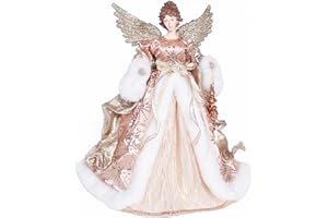 iPEGTOP 16 inches Angel Christmas Tree Topper with Glitter Gold Wings in Nude Pink Dress, Unlit Christmas Treetop Flying Angel Winged Diva Fairy Goddess Figurine Ornaments