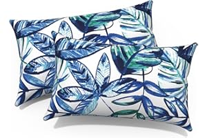 Melody Elephant Outdoor/Indoor Lumbar Pillows, Water Repellent Cushion Pillows, 12x20 Inch, Outdoor Pillows with Inserts for Home Garden, Pack of 2, Leaves Ink Blue