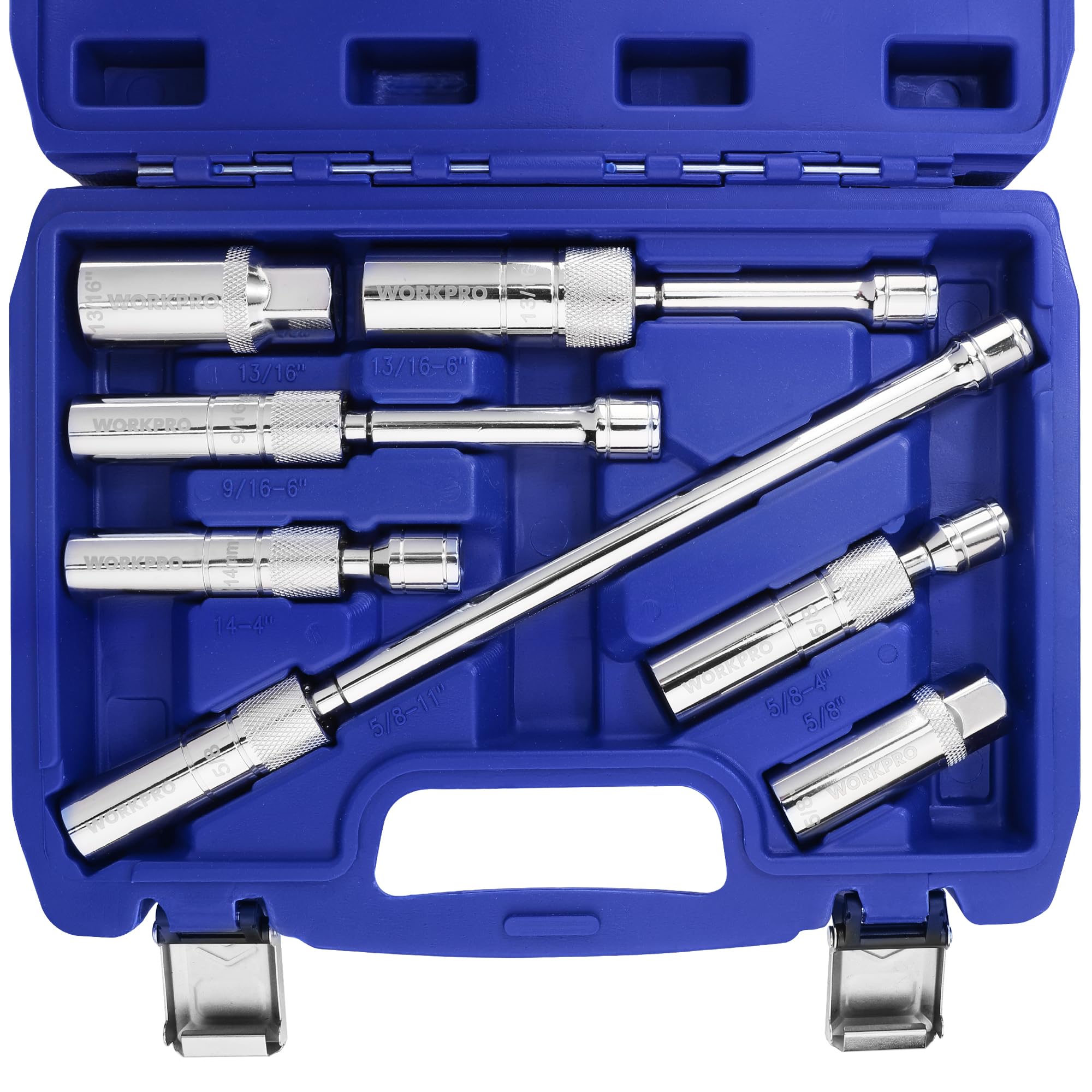 Photo 1 of WORKPRO 7 PCS Magnetic Swivel Spark Plug Socket Set, Includes 9/16-inch, 5/8-inch, 13/16-inch, 14MM Thin Wall Sockets with 4, 6, 11-inch Extensions, 3/8" Drive with 12 Points, Magnetic Core