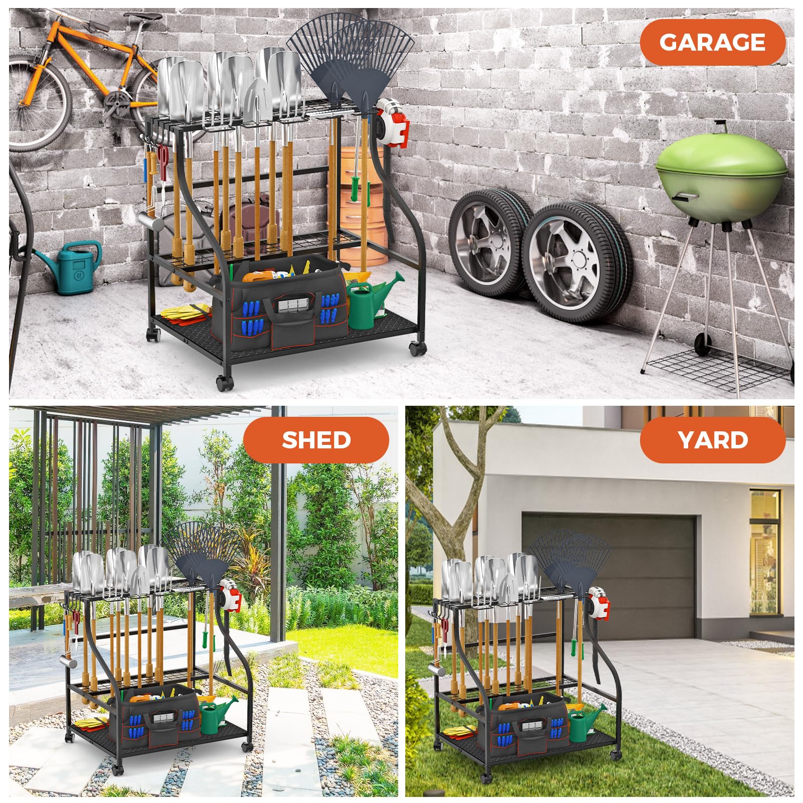 Condition photo showing New/Like New for garden tool organizer with wheels, 3-tier yard tool storage with hooks, heavy duty steel tool rack s