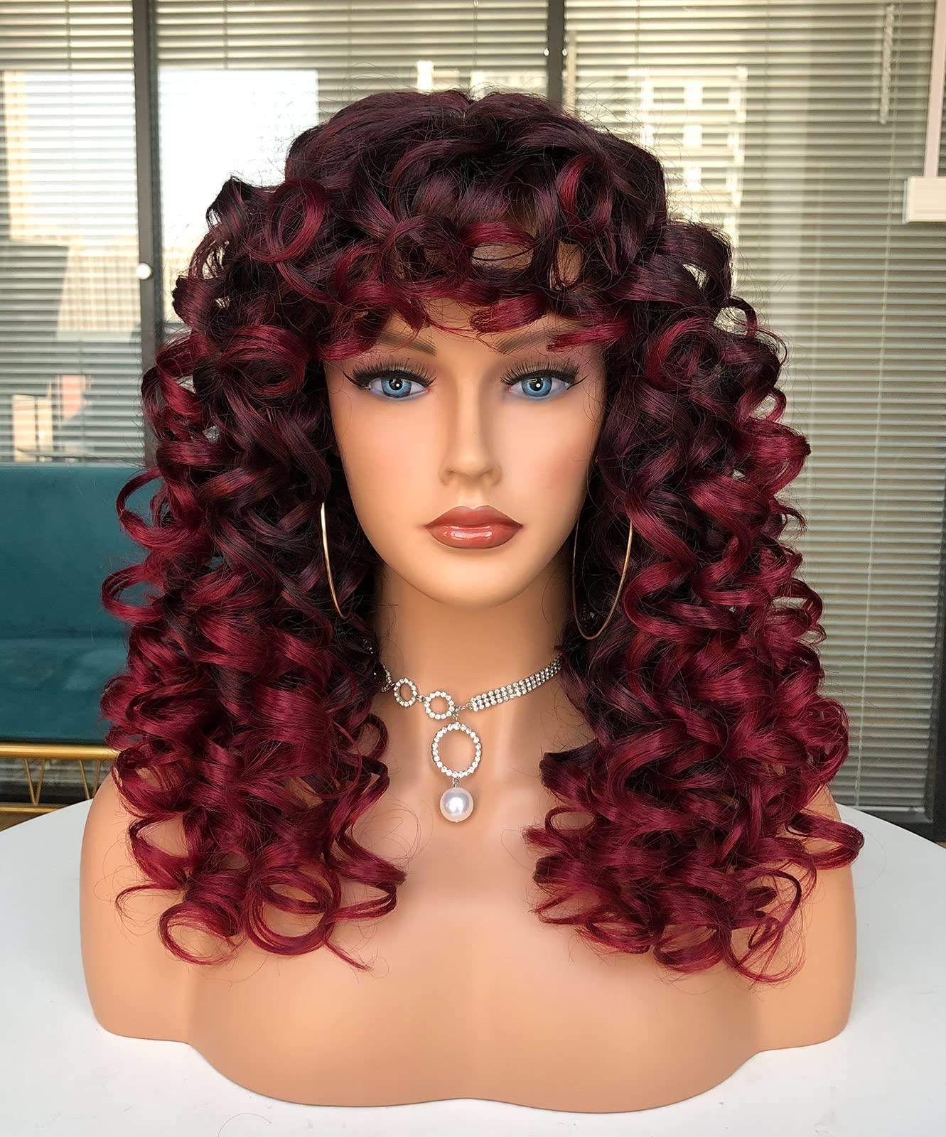 CoCrowns Curly Wig with Bangs for Black Women Long curly Shag Synthetic Hair Wigs Daily Use Cosplay 17 Inch (Ombre Red)