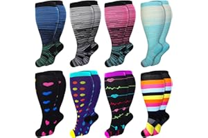 Croknit 8 Pairs Plus Size Compression Socks for Women Men 20-30 Mmhg Wide Calf Extra Large Knee Support Socks for Nurse Running Circulation