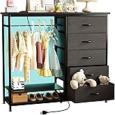 COTUBLR Dresser for Bedroom with Clothes Rack, 5 Drawers Dresser with Charging Station & LED Lights, Fabric Dresser & Chest o