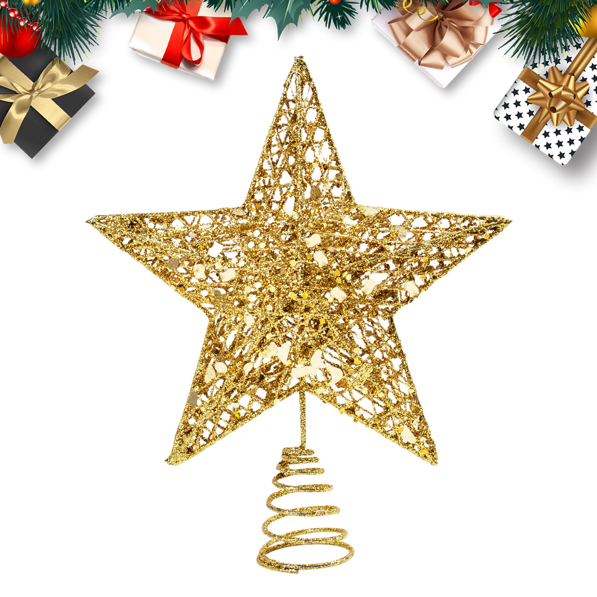 KEYIDO Christmas Tree Topper Christmas Tree Star Topper for Christmas Tree Toppers Xmas Metal Gold Stars for Top of Christmas Tree Decorations Glitter Ornaments Width 15cm/6Inch, High 20cm/8Inch