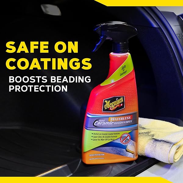 MEGUIAR’S HYBRID CERAMIC WATERLESS WASH & WAX – WATERLESS CAR WASH SPRAY WITH CERAMIC CHEMISTRY FOR A SLICK, PROTECTIVE BARRIER – NO-SCRATCH FORMULA FOR GLOSSY PAINT AND CERAMIC COATINGS, 24 OZ