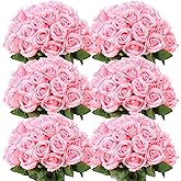 Jexine 50 Pcs Artificial Rose Flower Bulk Realistic Silk Fake Roses with Long Stem Plastic Artificial Flower Bouquet Real Looking for Home Wedding Centerpieces Party Decoration(Pink)