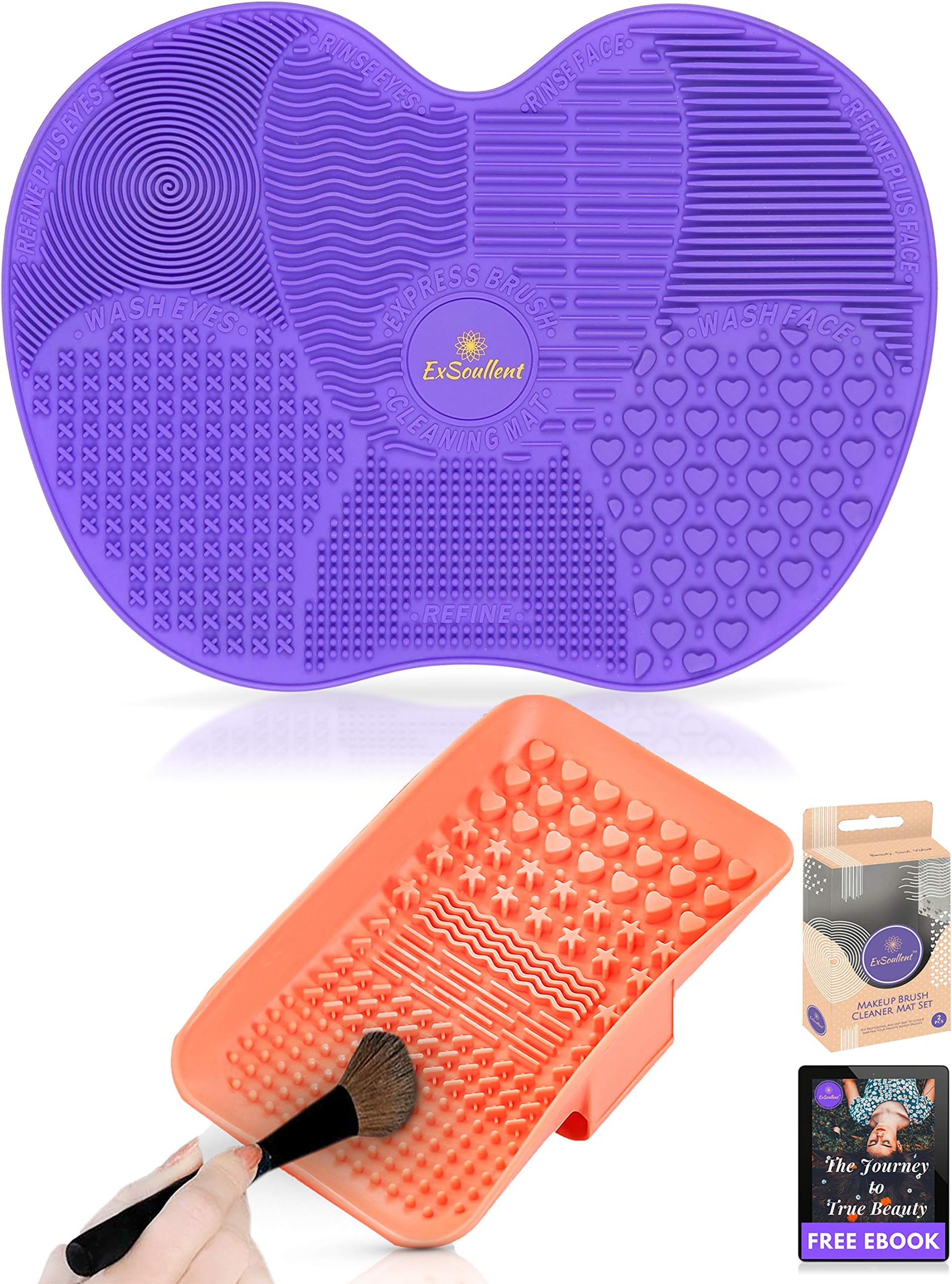 ExSoullent Makeup Brush Cleaner Mat - Set of 2 Silicone Portable Brush Cleaning Pads with Strong Suction Cups and Hand Strap, Perfect Gift for Her + eBook