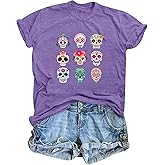 Day of The Dead Shirt for Women Skull Flower Garphic Tees Dia De Los Muertos Tee Casual Short Sleeve Tops