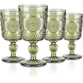 Joeyan Green Wine Glasses,Vintage Sunflower Glass Wine Goblet,Embossed Colored Boho Stemmed Drinking Glasses,Beaded Glassware for Christmas Party Wedding,10 oz,Set of 4,Dishwasher Safe