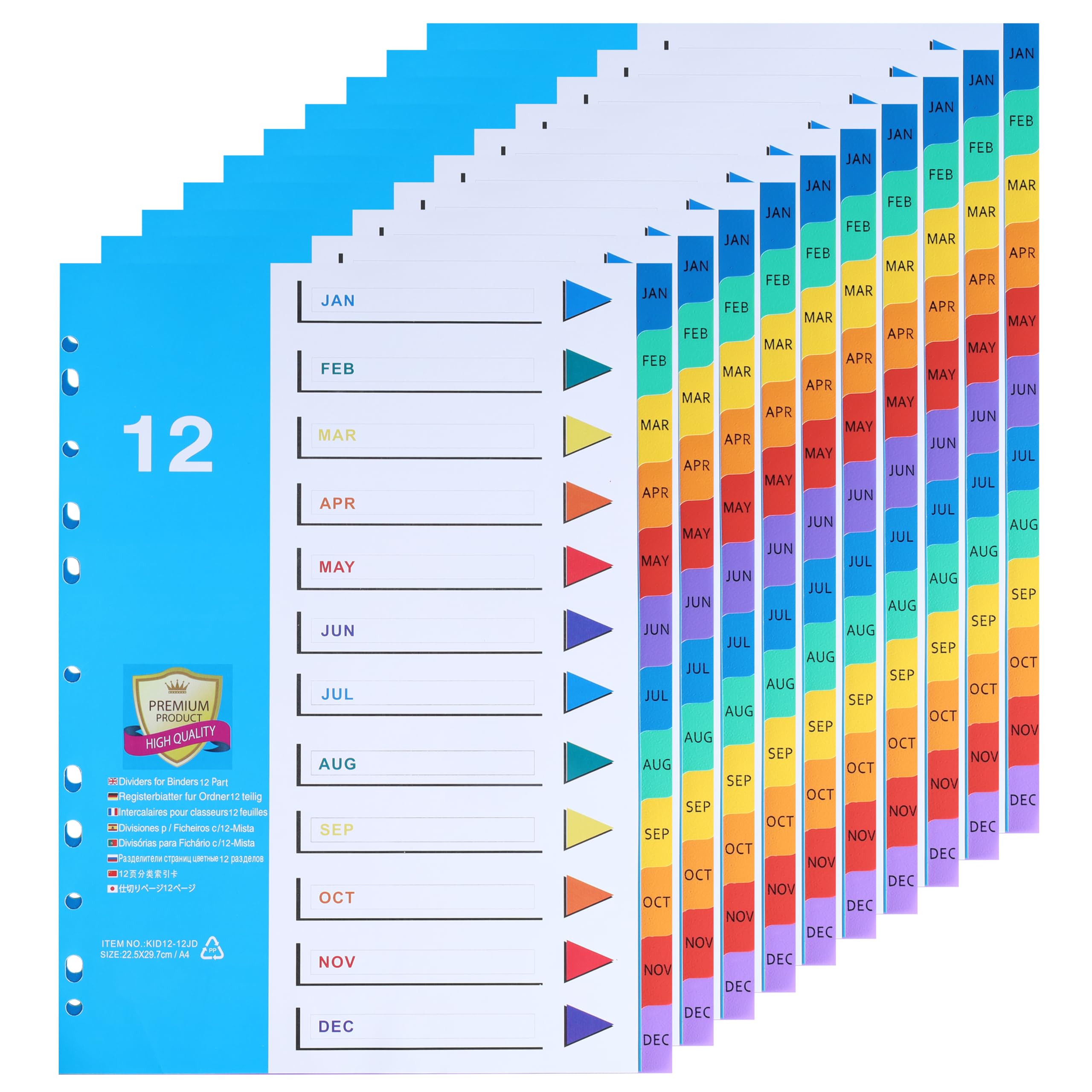 (10 Pack) DONGLI A4 File Dividers 12 Part Numbered Jan-Dec, Subject Divider with 11 Hole Reinforced Colour Month Index Tabs for Home Office