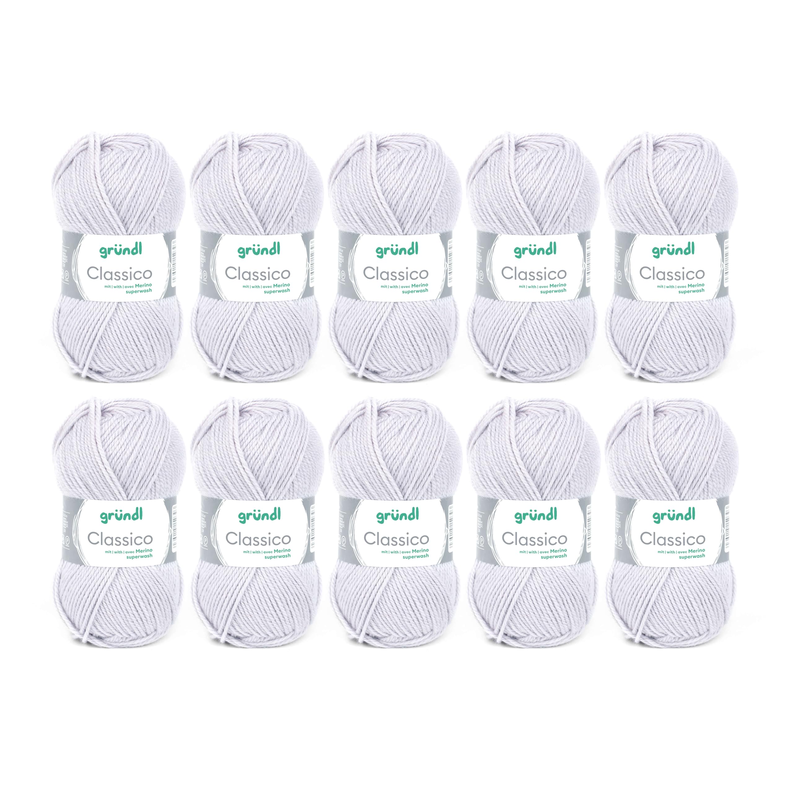 Gründl Classico Wolle (Oeko-TEX® Certified Knitting/Crochet Yarn Made of 50% Pure New Wool (Merino Superwash) & 50% polyacrylic, 50 g/120 m, Needle Size: 3.5-4.5, 10 Balls á 50 g), Light Grey