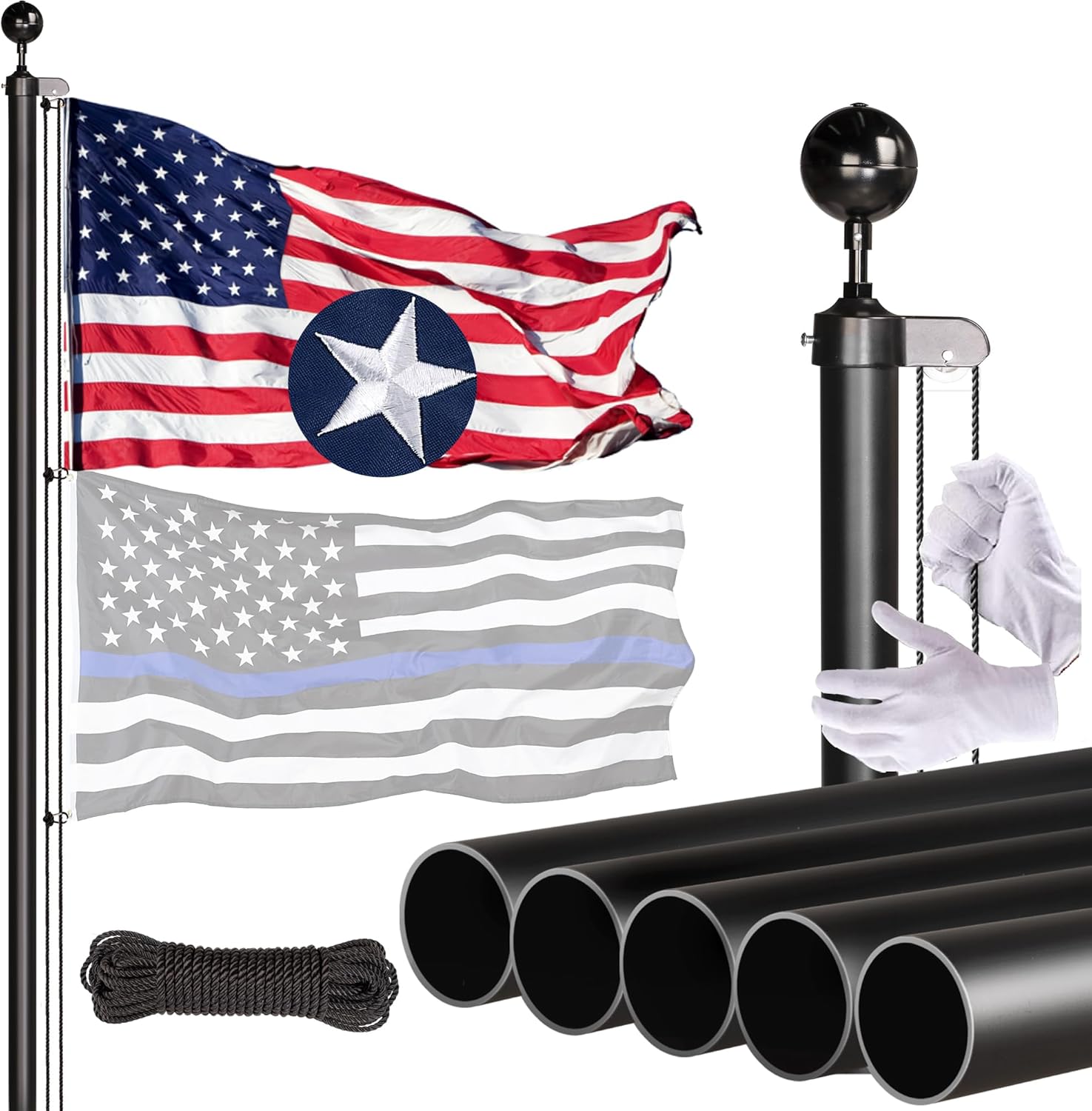 Flagpole Hardware - Heavy Duty Flag Pole in Ground-25FT 13 Gauge Extra Thick Aluminum Flagpole Kit with 5x3 TearProof Embroidered American Flag,for Outside Yard,Outdoor,Commercial or Residential-Black