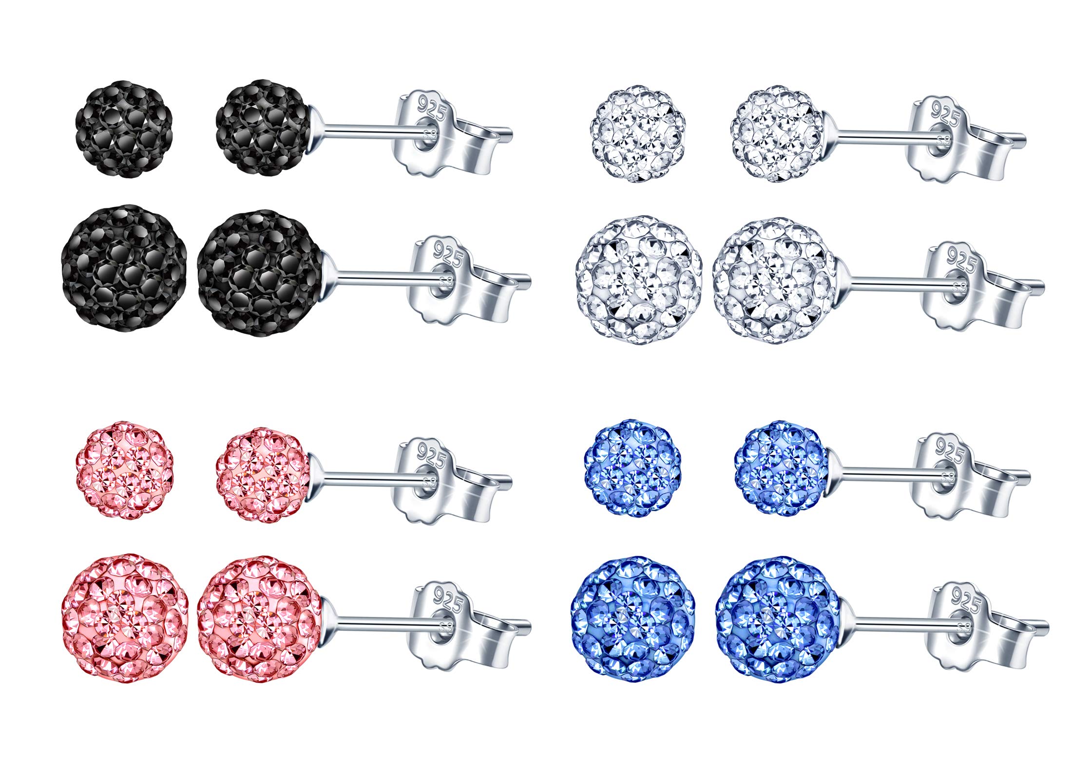 Yumilok 8 Pairs Rhinestone Earrings Sets 6mm and 8mm Ball Stud Earring for Friendship Girls
