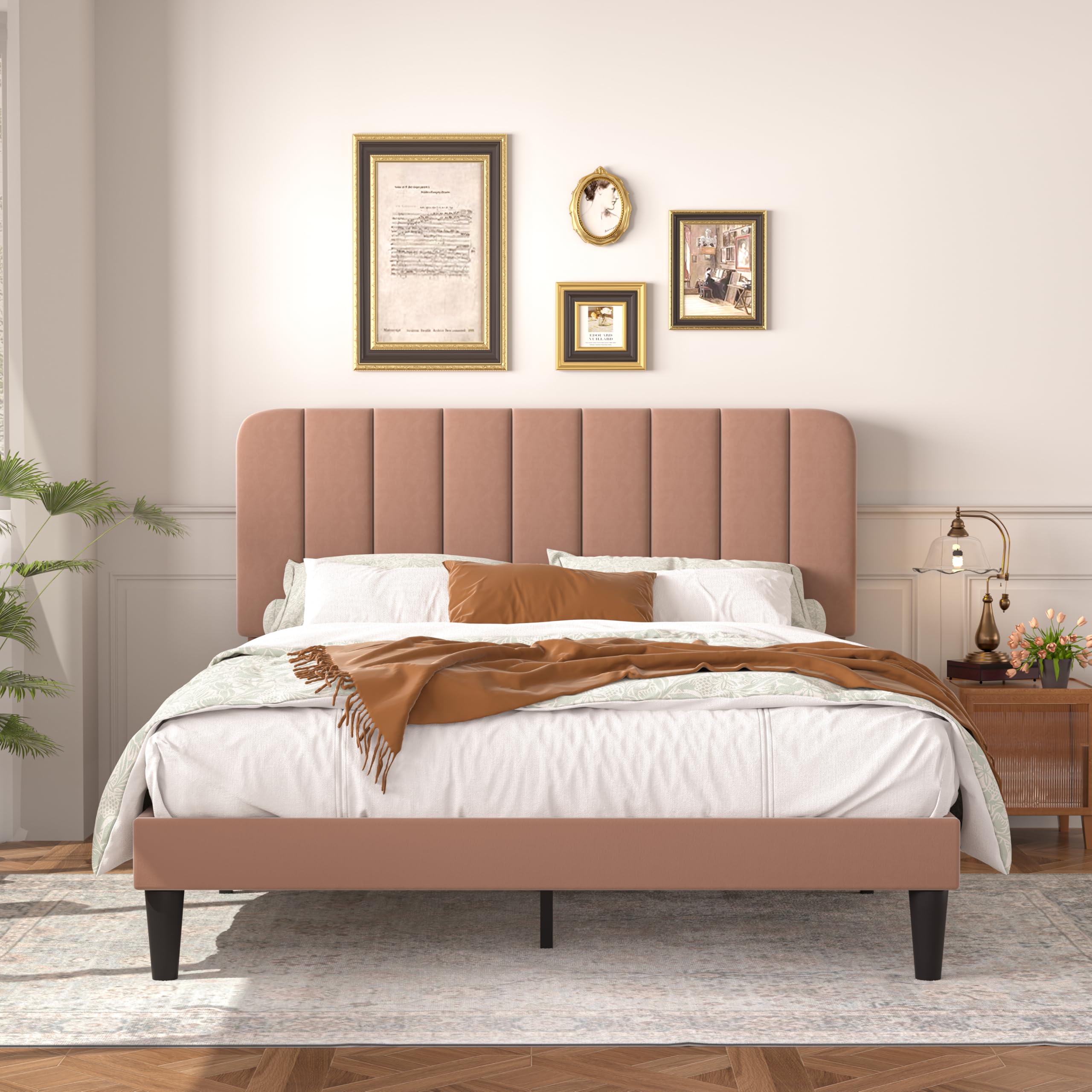 VECELO Full Size Bed Frame with Upholstered Headboard, Velvet Platform Bedframe Mattress Foundation, Strong Wood Slat Support, No Box Spring Needed,Tan Brown Image