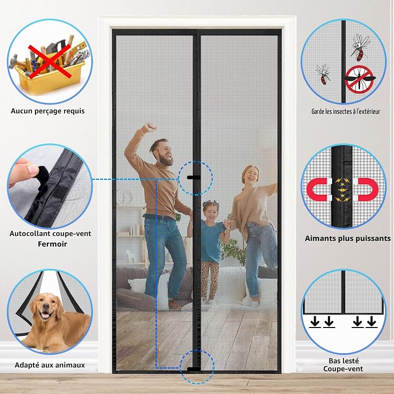 Moustiquaire Magnétique pour Porte 75x210 cm, Fibre de Verre, Noire
