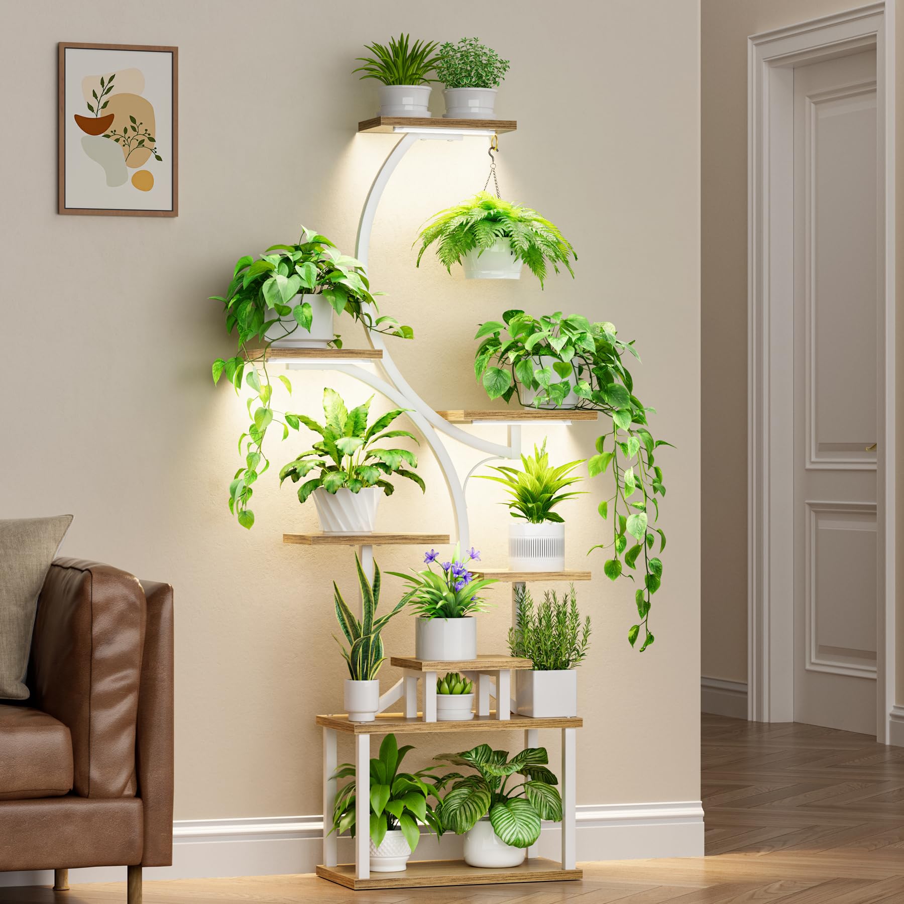 Plant Stand Indoor with Grow Lights - 62" Tall Plant Shelf, Lighted Corner Plant Stands for Indoor Growing, 8 Tiered Large Flower Holder, S-Shaped Plants Rack for Living Room, Patent Design, Natural Image