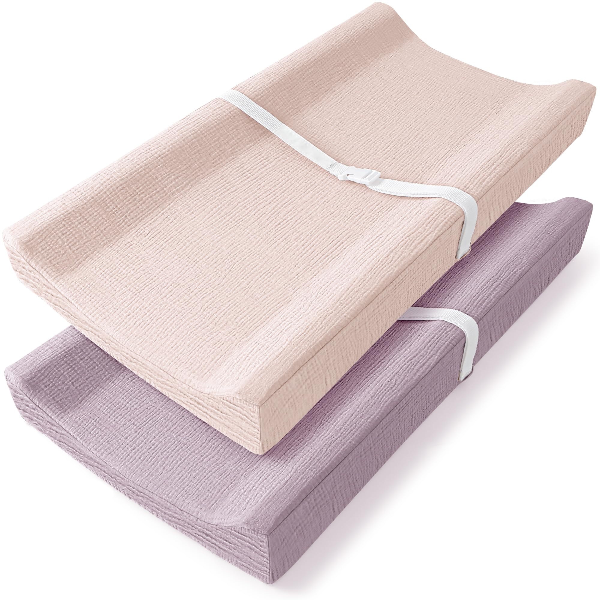 Photo 1 of Bearmoss Changing Pad Cover, 2 Pack Muslin [100% Cotton] Diaper Changing Table Covers, 32'' x 16'' Soft Breathable Changing Pad Sheets for Unisex Baby Girls and Boys with Strap Holes (Candy Floss)
