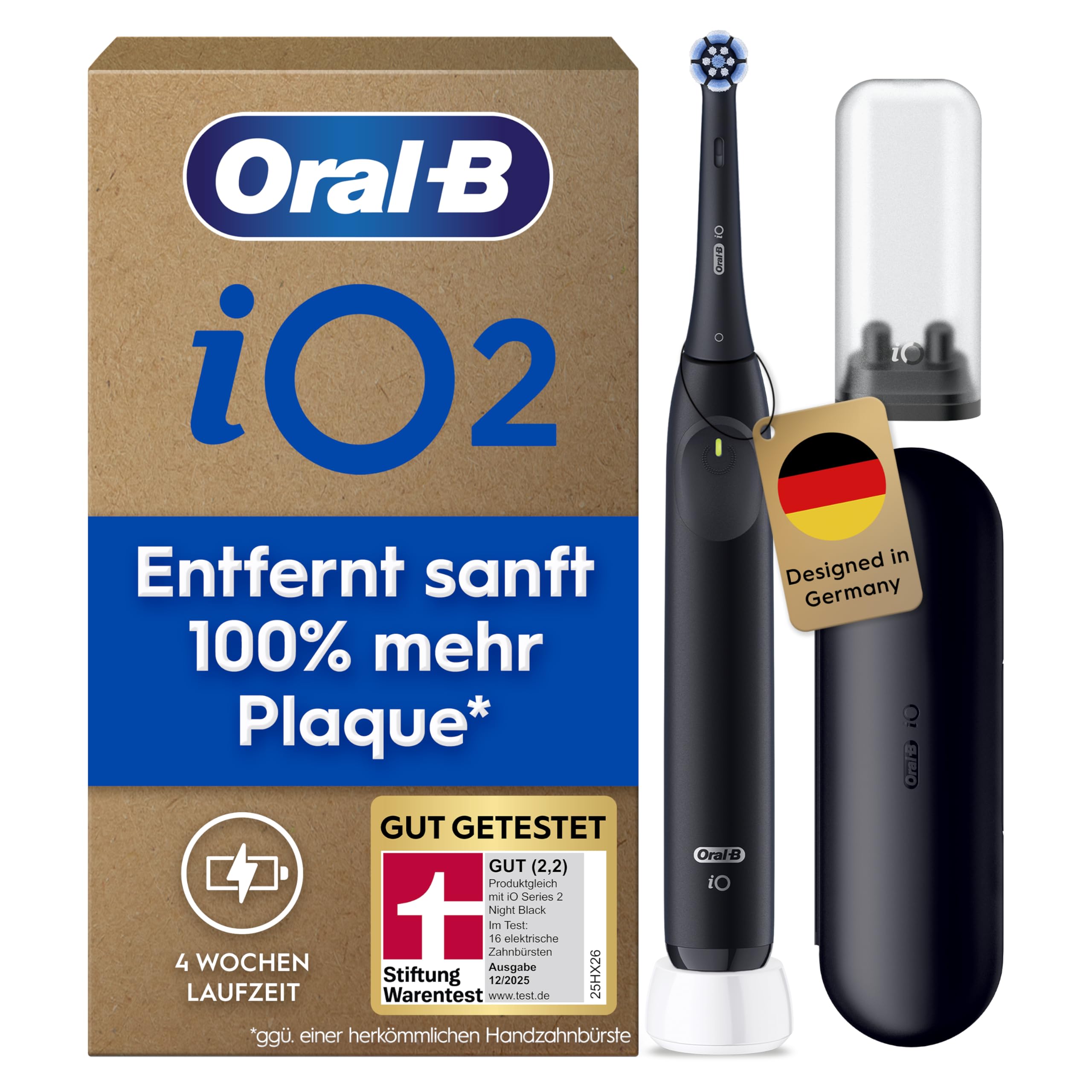 Oral-B iO Series 2 Elektrische Zahnbürste — Electric Toothbrush, Inkl. 1 Aufsteckbürste, 3 Putzmodi für Zahnpflege, Magnet-Technologie, Reise-Etui, Aufsteckbürsten-Etui — Designed by Braun, Schwarz