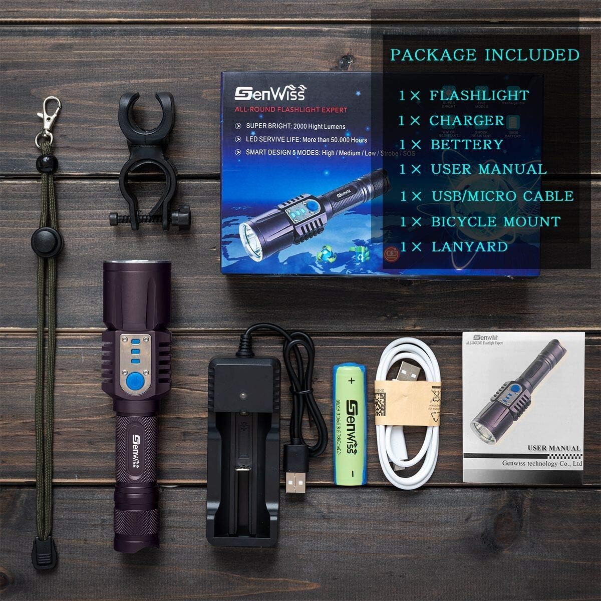 Tactical Flashlight,Genwiss USB Rechargeable Flash Light-Flashights 2000 High Lumens,Super Bright Camping Flashlight,5 Modes Cree L2 Lights,3 Power Indicators Flashlight can Charge Smartphones,Tablet: Sports & Outdoors