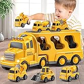 Beby Buty 5 in 1 Construction Trucks Cars Toys for Toddlers 3-5, Boy Toddler Car Truck Toys with Light Sound, Includes Crane, Mixer, Bulldozer & Excavator, Birthday Gifts Toys for 2 3 4 5 Year Boys