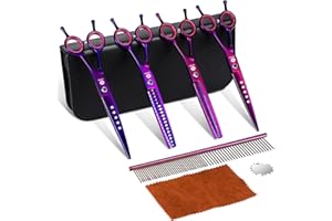 Dream Reach Dog Grooming Scissors - 7" Professional 6 in 1 Pet Scissors Sharp and Durable Shears Set Thinning, Chunker, Straight, Curved Shears and Comb for Dog Cat Pets, Purple