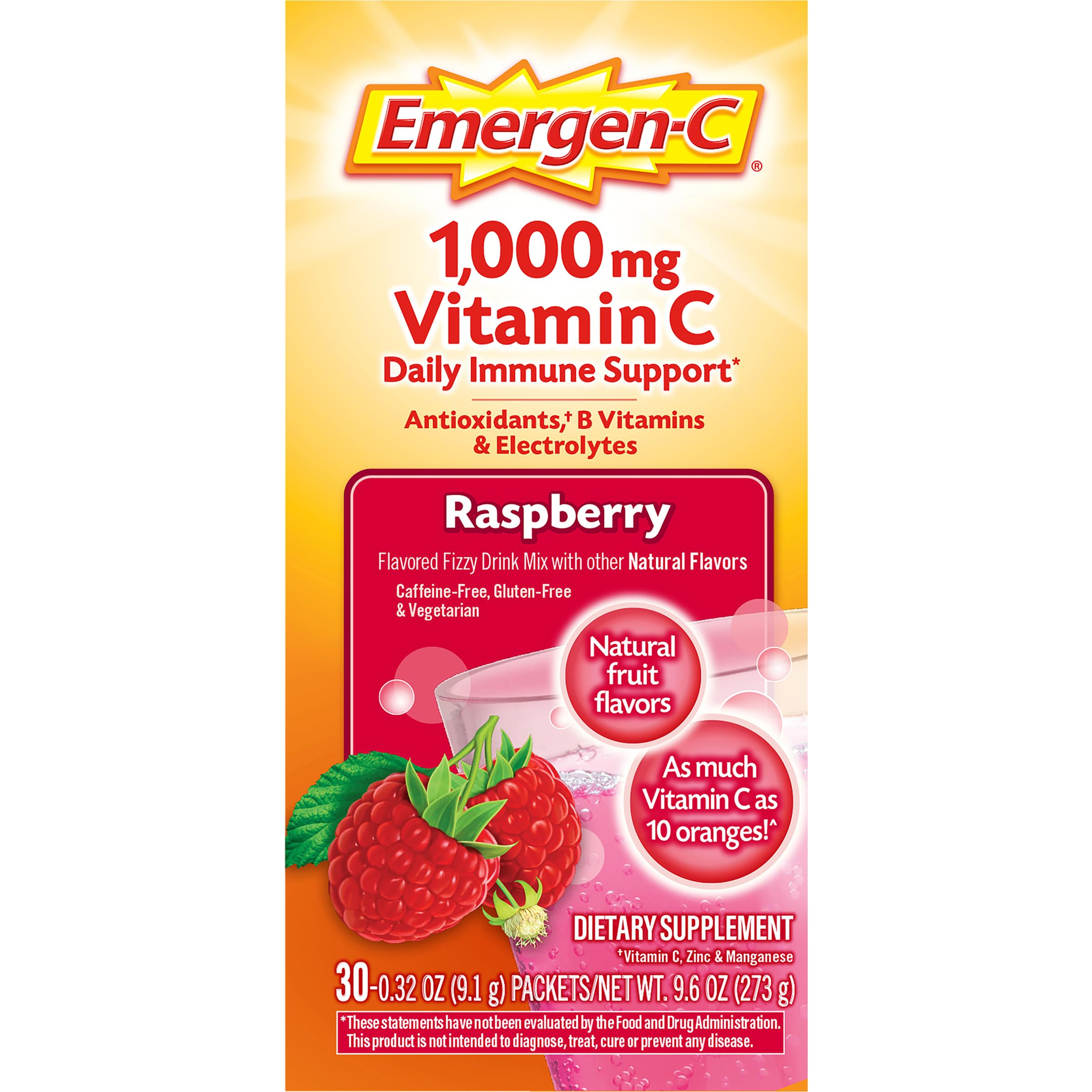 Emergen-C 1000mg Vitamin C Immune Support Powder Raspberry 30CT includes Zinc, Manganese, 7 B Vitamins and Electrolytes for Back to School Essentials