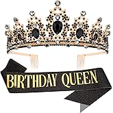 "BIRTHDAY QUEEN" Sash and Tiara for Women Crystal Tiara and Satin Kit for Girl Rhinestones Crown with Comb Glitter Hair Accessories for Prom Party Decoration Cake Topper Accessory Set with Pin
