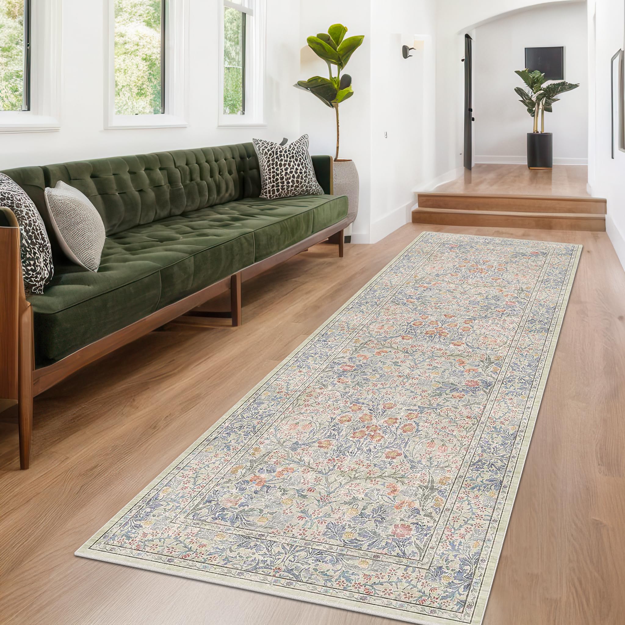 Vintage Beige Blue 3x10 Runner Rug for Hallway, Kitchen, Bathroom, Entryway Indoor, Washable Non Slip Rubber Backing Stain Resistant - Botanical Home Decor Image