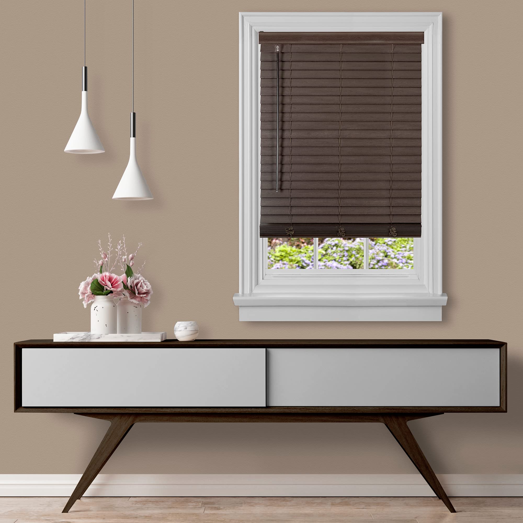 Cordless Room Darkening Plantation Blind - 27 Inch Width, 64 Inch Length, 2" Vinyl Slat Size - Mahogany - GII Madera Falsa Faux Wood, Light Filtering Horizontal Windows Blinds by Achim Home Decor Image