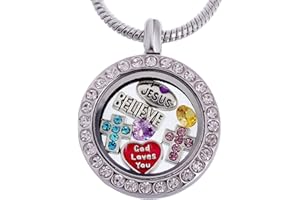 RUBYCA Themed Round Locket Necklace Crystal Birthstone Living Memory Floating Charm Silver Tone DIY