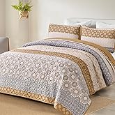 WONGS BEDDING Boho Quilt Set Queen, Brown Bohemian Striped Patchwork Bedspread Coverlet Set with 2 Pillowcases,Lightweight Microfiber Floral Bedding Set 96"×90"