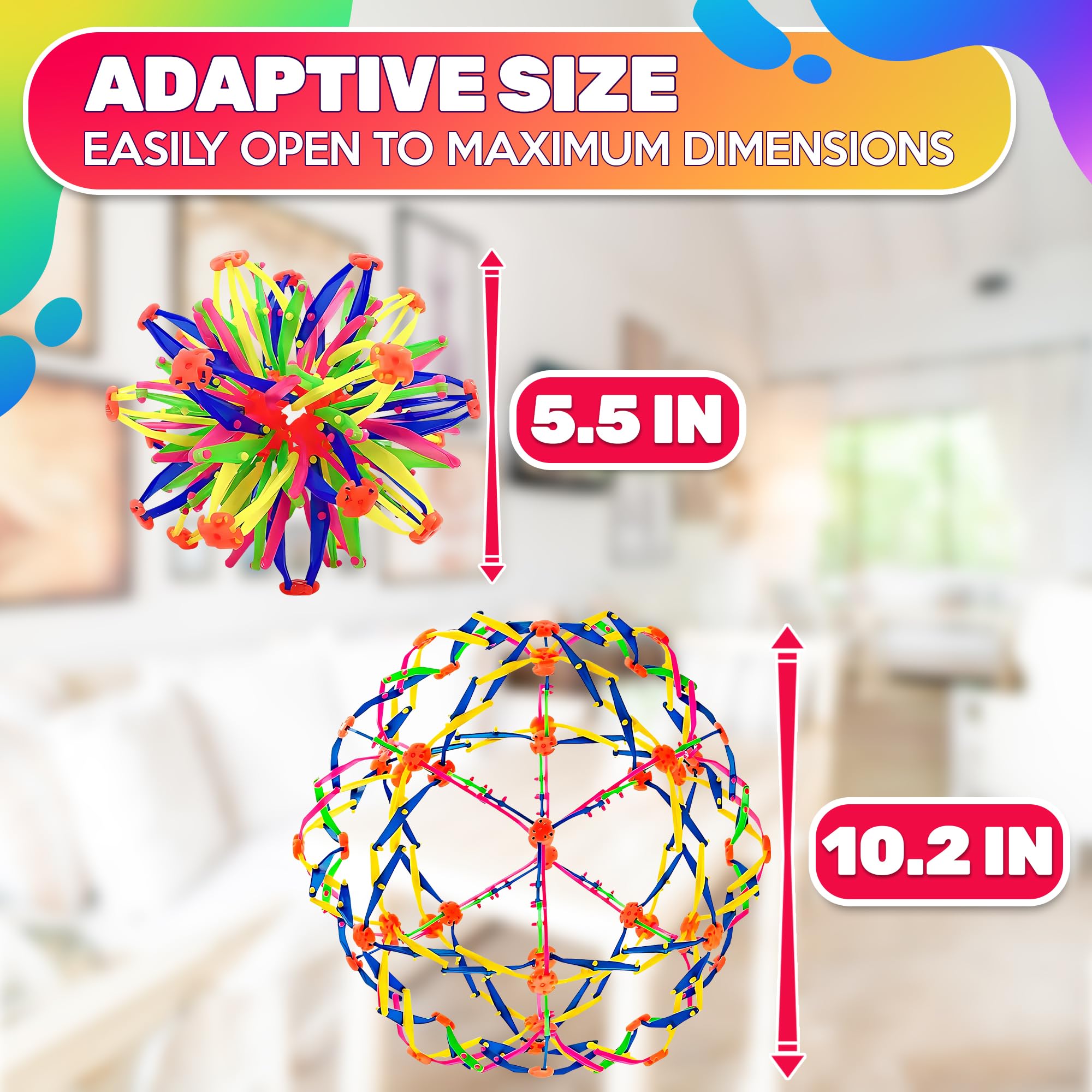 Expandable Breathing Ball for Stress Relief - from 5.5 to 10.2 inch Expandable Ball Sphere with Smooth Edges and Colorful Design - Weatherproof and Odor-Free Breathing Toy for Breathwork Exercises