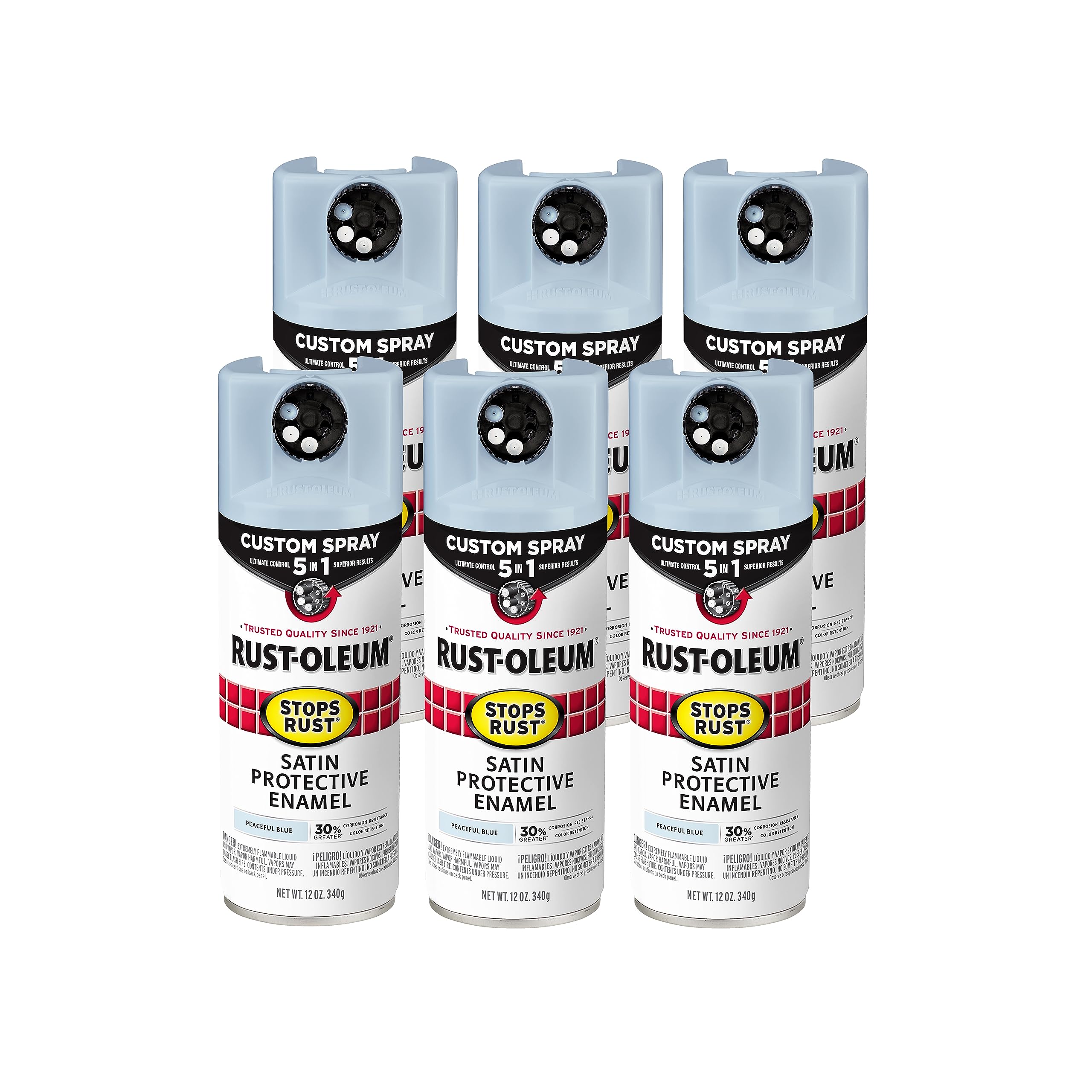 Rust-Oleum 376882-6PK Stops Rust Custom Spray 5-in-1 Spray Paint, 12 oz, Satin Peaceful Blue, 6 Pack Image Rust-Oleum 376882-6PK Stops Rust Custom Spray 5-in-1 Spray Paint, 12 oz, Satin Peaceful Blue, 6 Pack Image