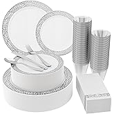 𝟐𝟏𝟎 Count Silver Plastic Dinnerware, Silver Disposable Plates, Includes 30 Dinner & 30 Dessert Plates & 30 Cups & 30 Paper Napkins & 30 Plastic Silverware Set