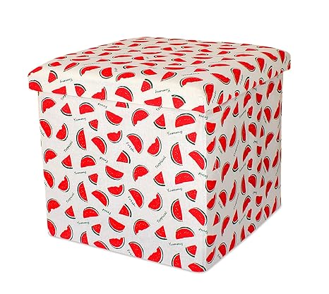 Tied Ribbons Collapsible Ottoman Cum Storage Box - Collapsible Footrest Step Stool For Living Room (Canvas ,Watermelon Printed)