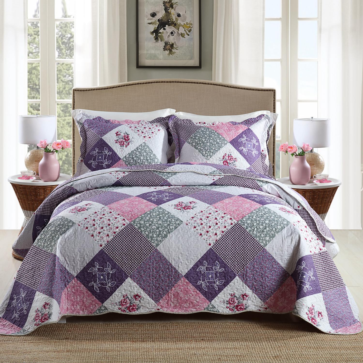 Qucover Quilted Bedspreads King Size 230x250, Soft Pylo-Cotton Patchwork Bedspread with Purple Floral Patchwork Pattern, Checkered Quilt Bed Throw with 2 Pillowcases — image 1