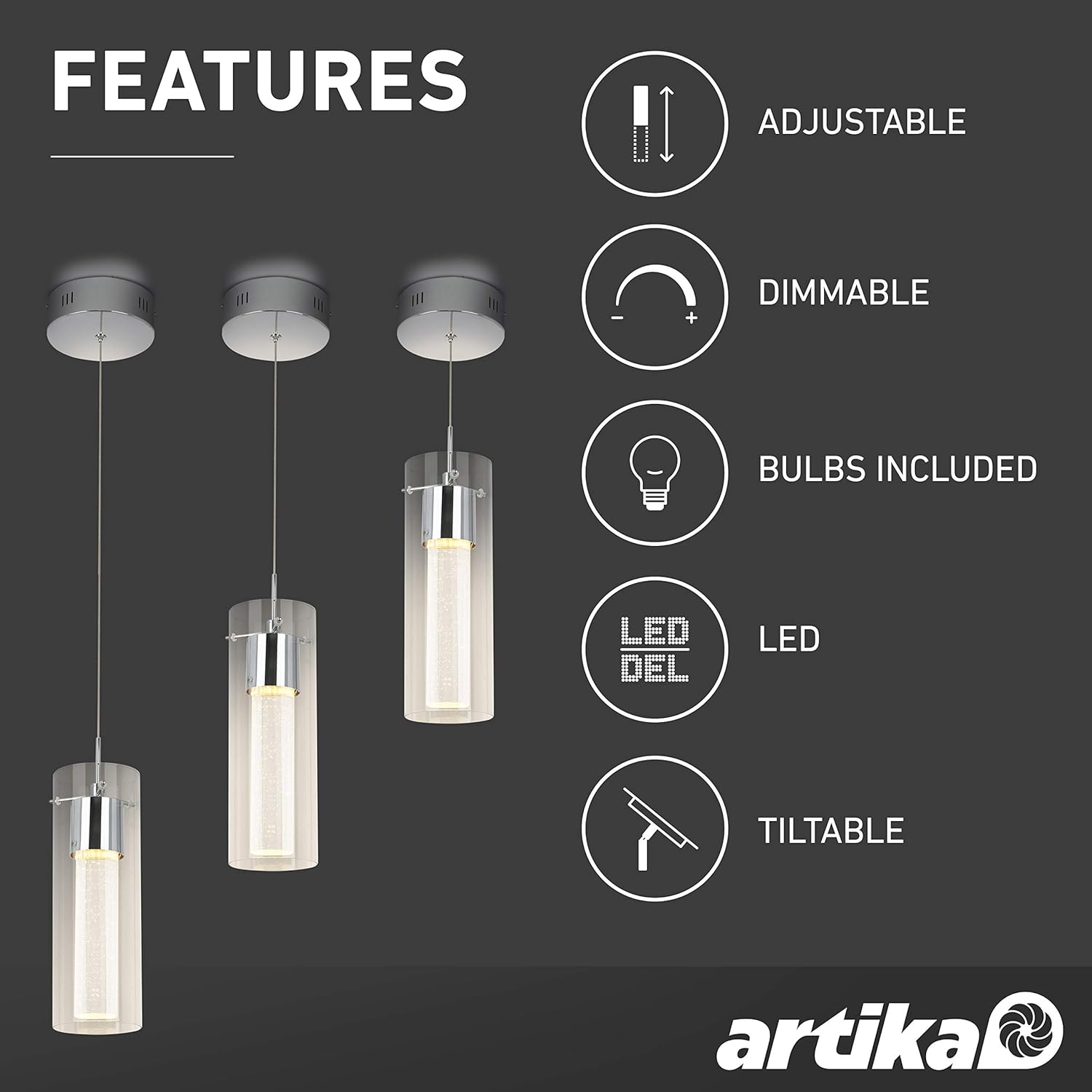 Artika OME1LB-HD1 Essence Chrome 1-Pendant LED Light Fixture, 12-inches with Integrated LED and Premium Bubble Glass, Chrome - - 